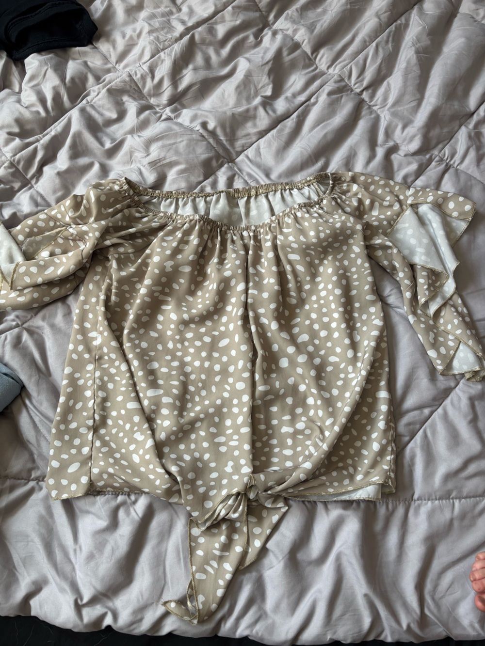 Beige Off-Shoulder Tie-Front Blouse with White Dot Print